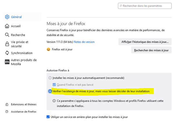 Écran de mises à jour de Firefox sous l'onglet général, avec vérification des mises à jour
              mais vous permet de choisir de les installer sélectionné